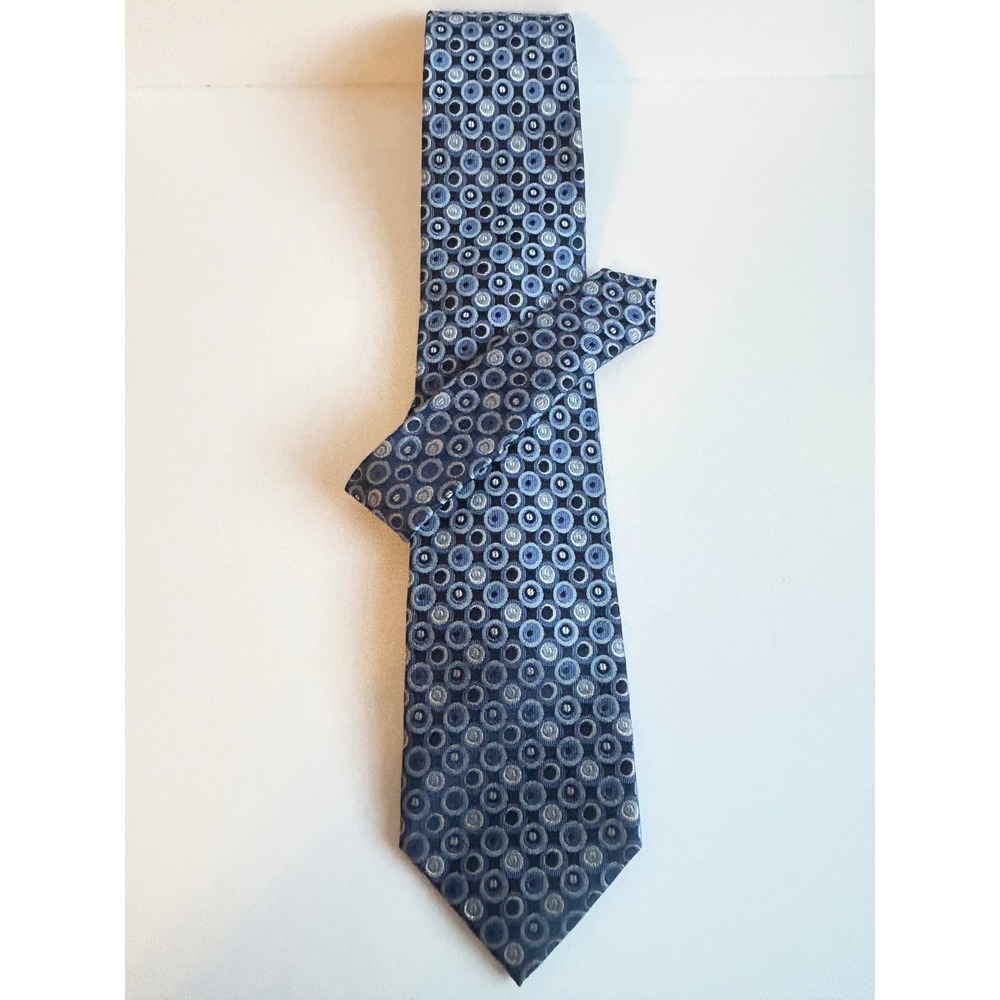 George Mens Silk Necktie Blue Silver Geometric Circle Pattern Professional Tie